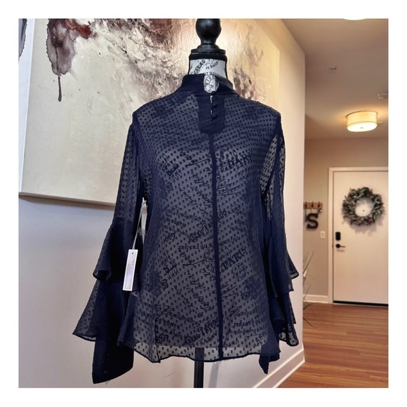 Olivia Palermo x Chelsea Blouse w/ Bell Sleeves & Mandarin Collar. Navy. Medium - Picture 12 of 12